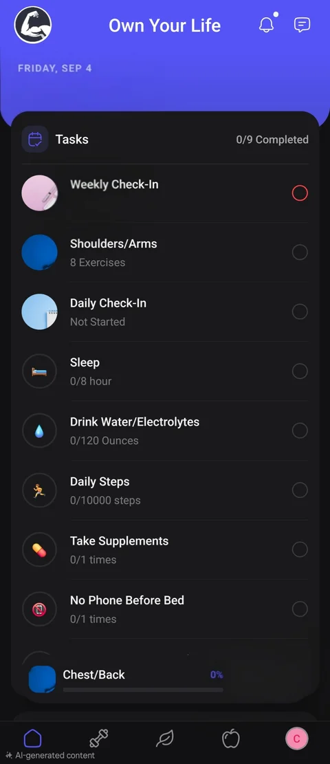 HubFit app home screen showing Own Your Life daily tasks